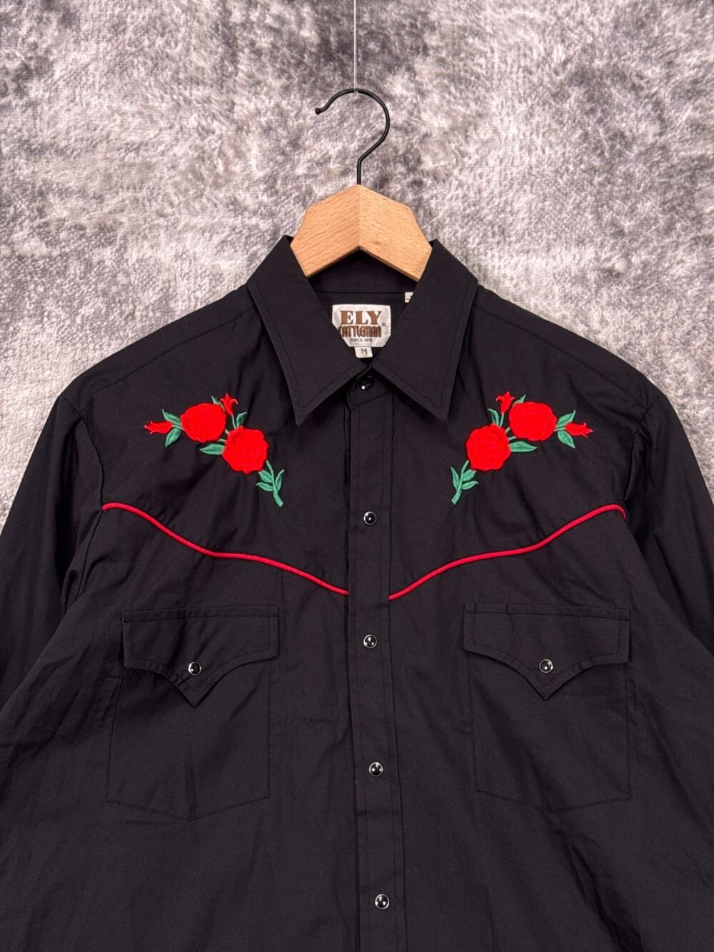 Vintage Ely Cattleman Western Shirt Medium Mens Black Pearl Snap Embroidered